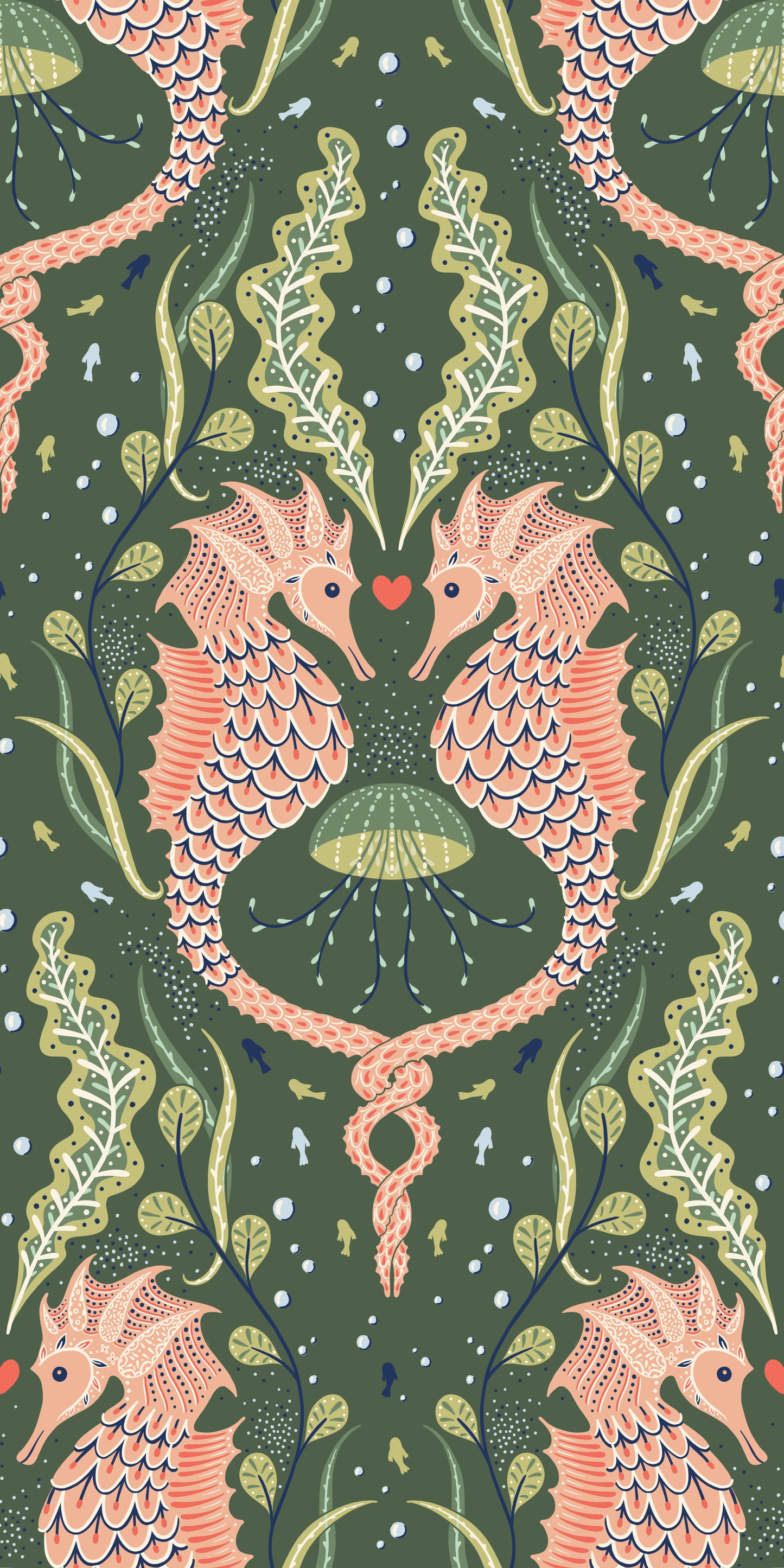 Pattern of pink seahorses and green leaves on a dark green background