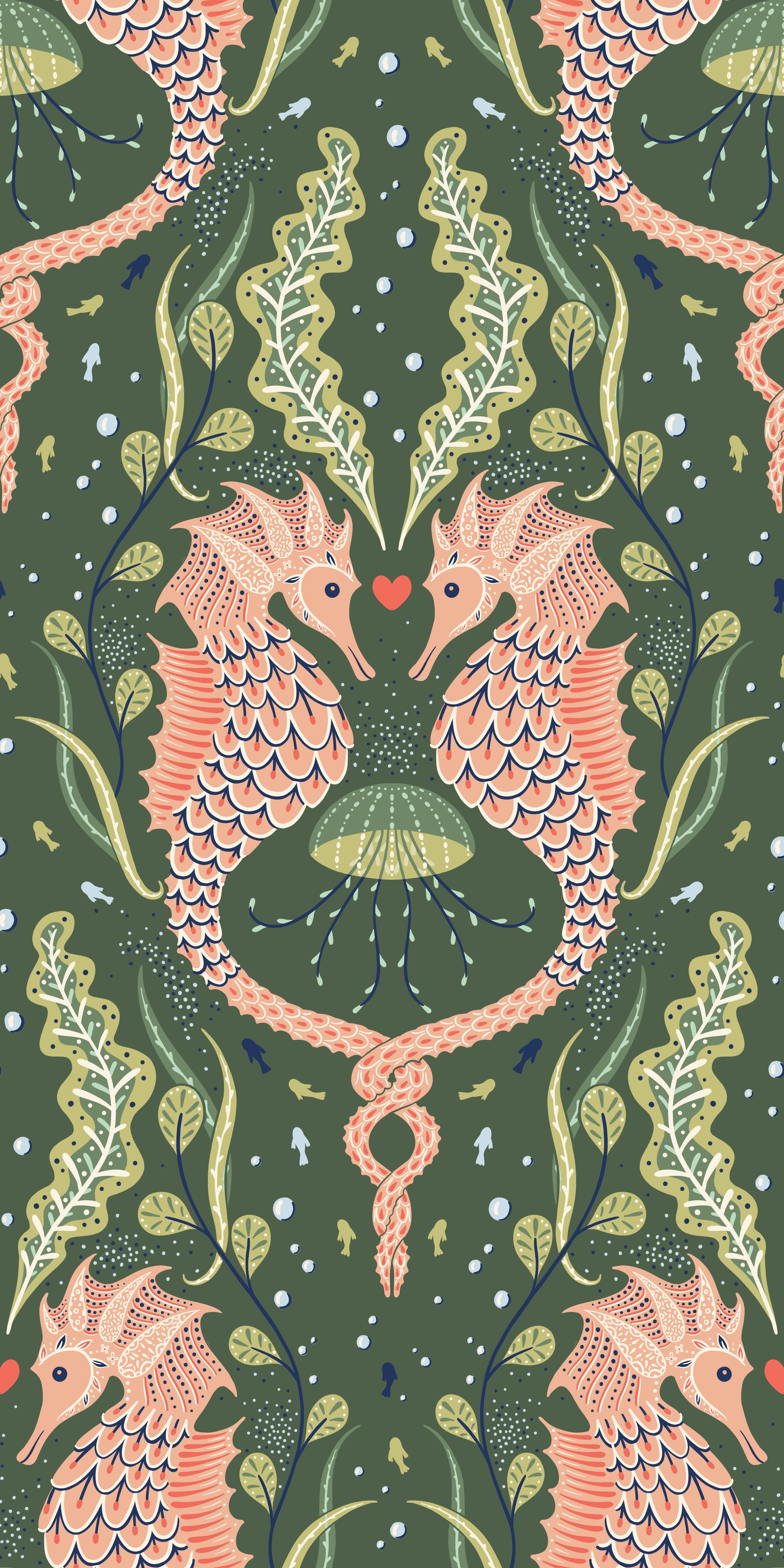 Pattern of pink seahorses and green leaves on a dark green background