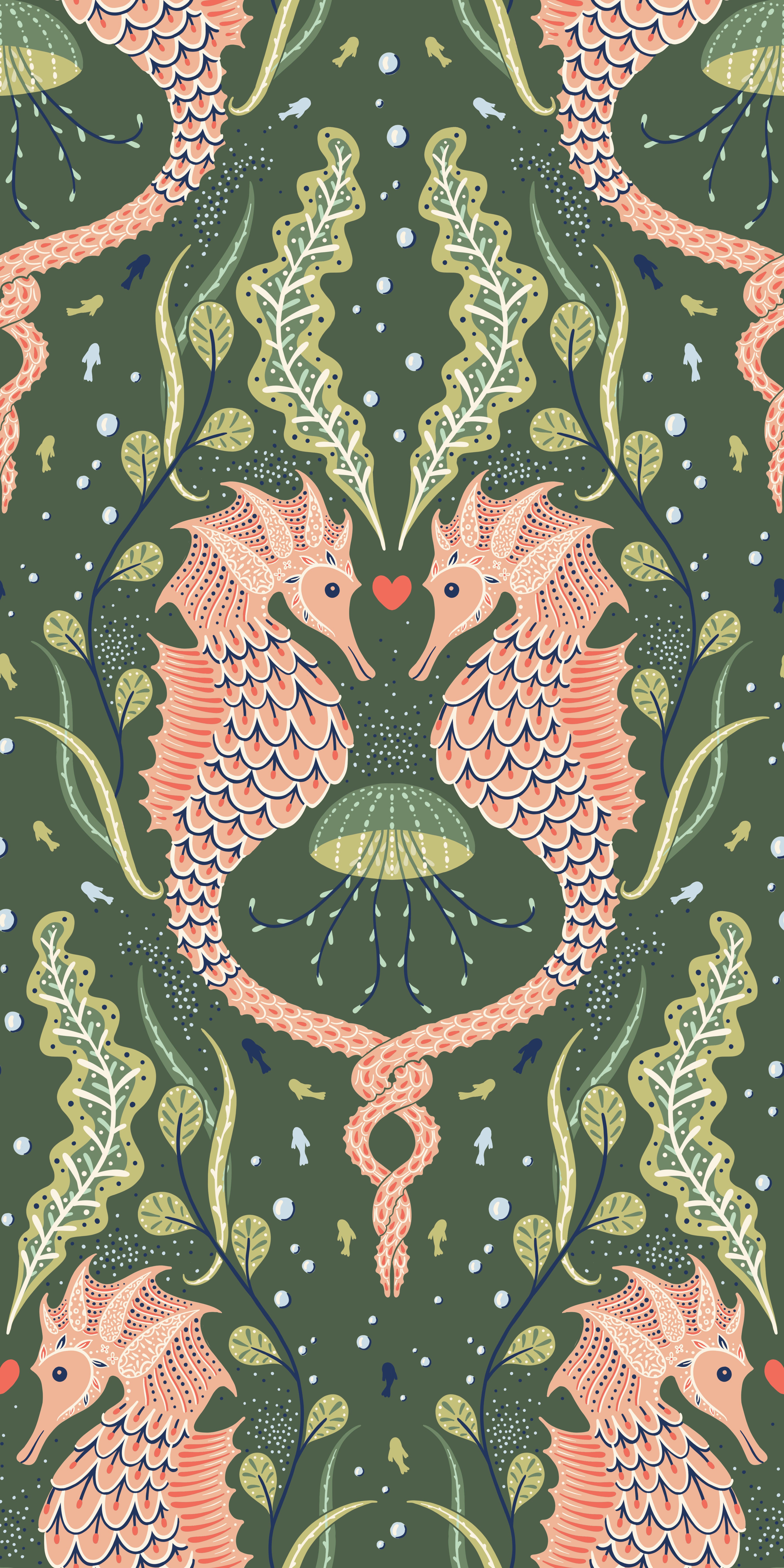 Pattern of pink seahorses and green leaves on a dark green background