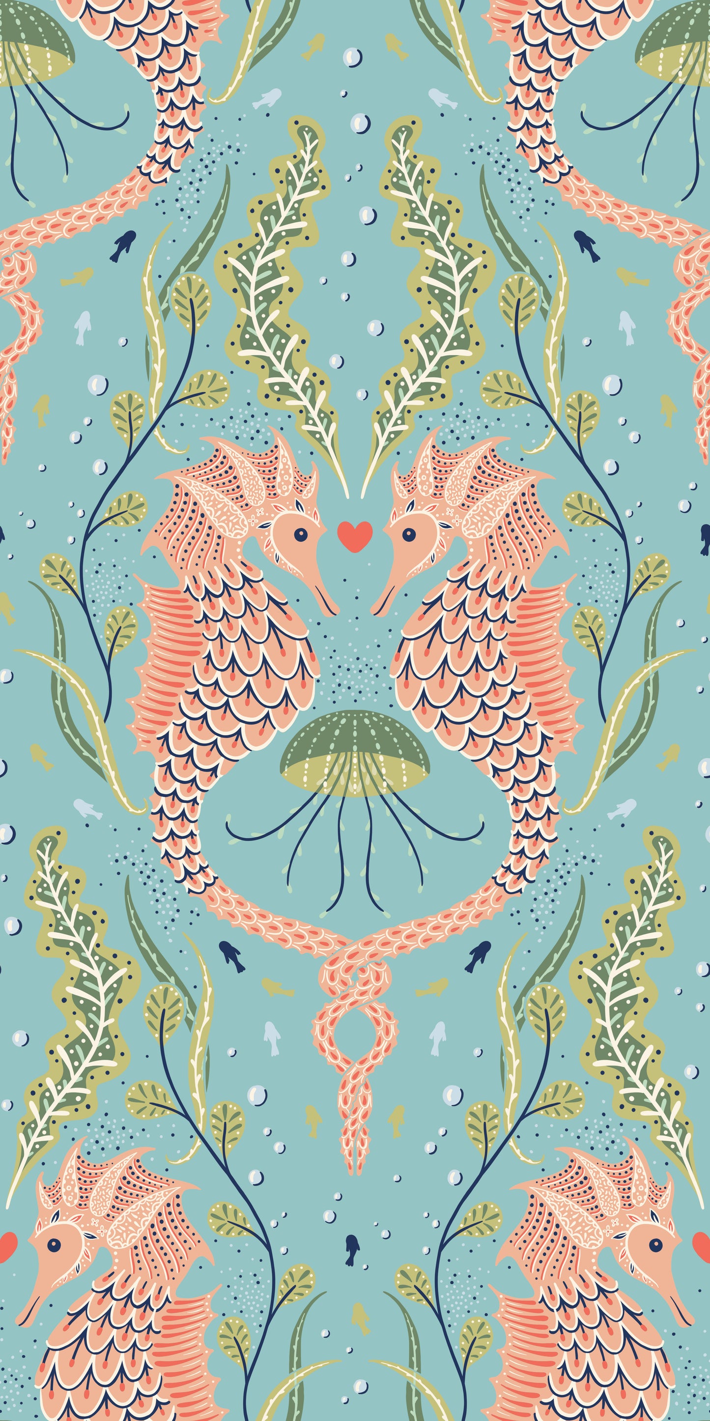 Seahorse pattern with plants and jellyfish on a blue background
