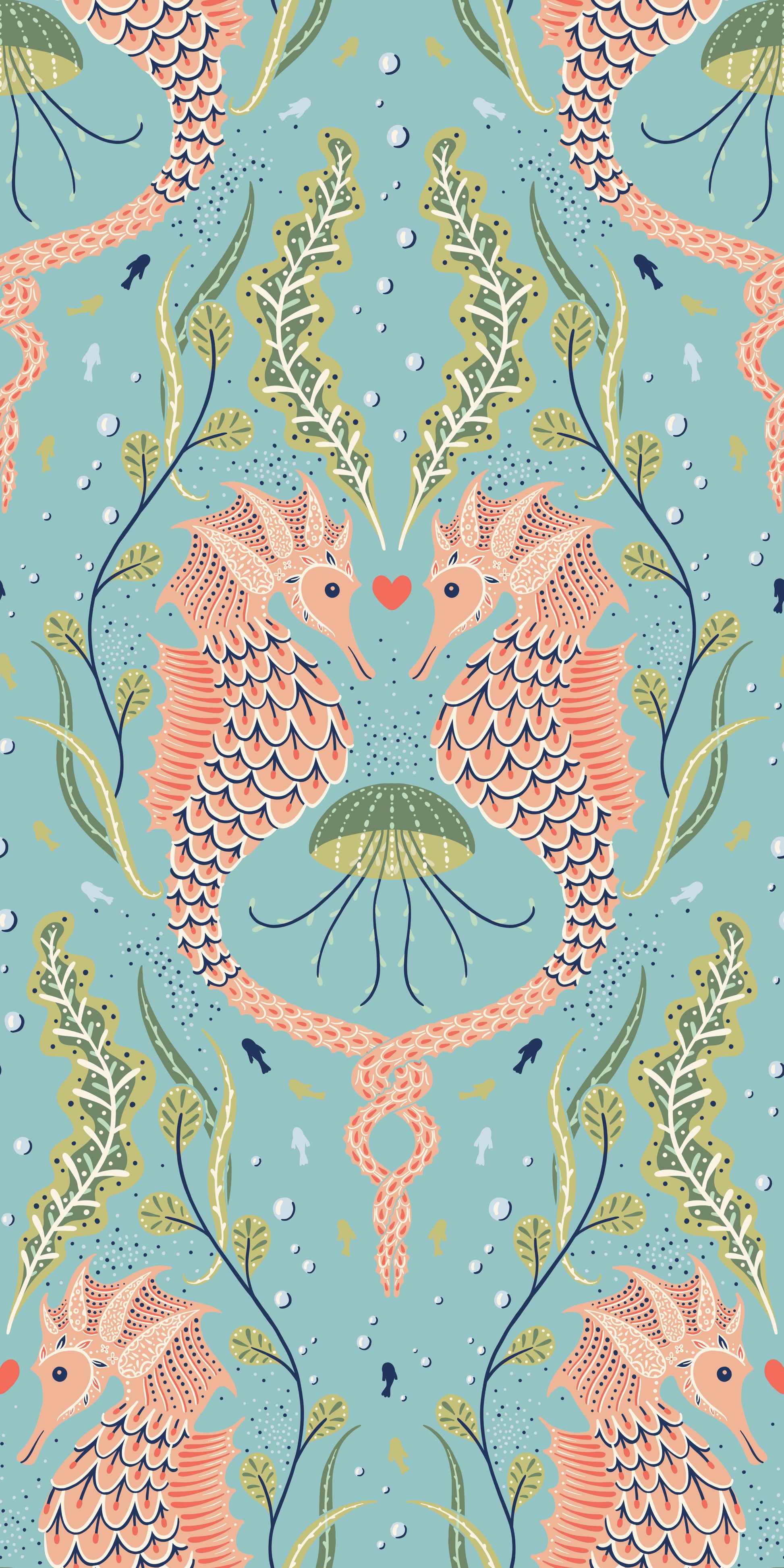 Seahorse pattern with plants and jellyfish on a blue background