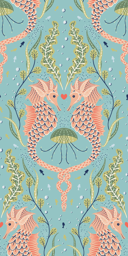 Seahorse pattern with plants and jellyfish on a blue background