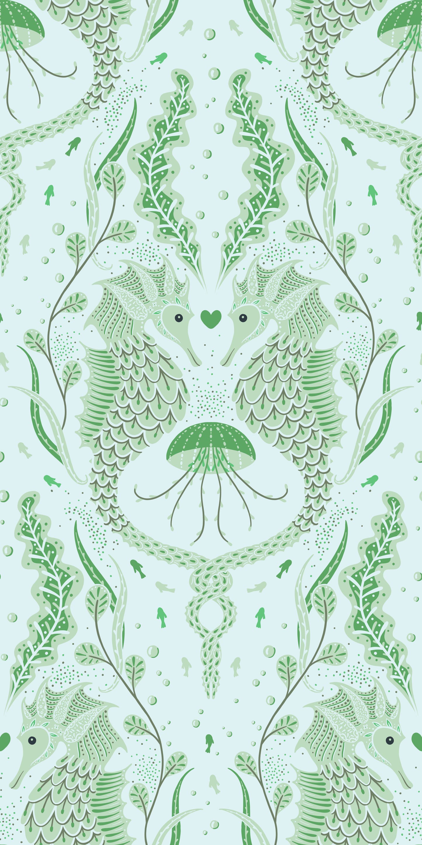 Seahorse and jellyfish pattern with green leaves on a light background
