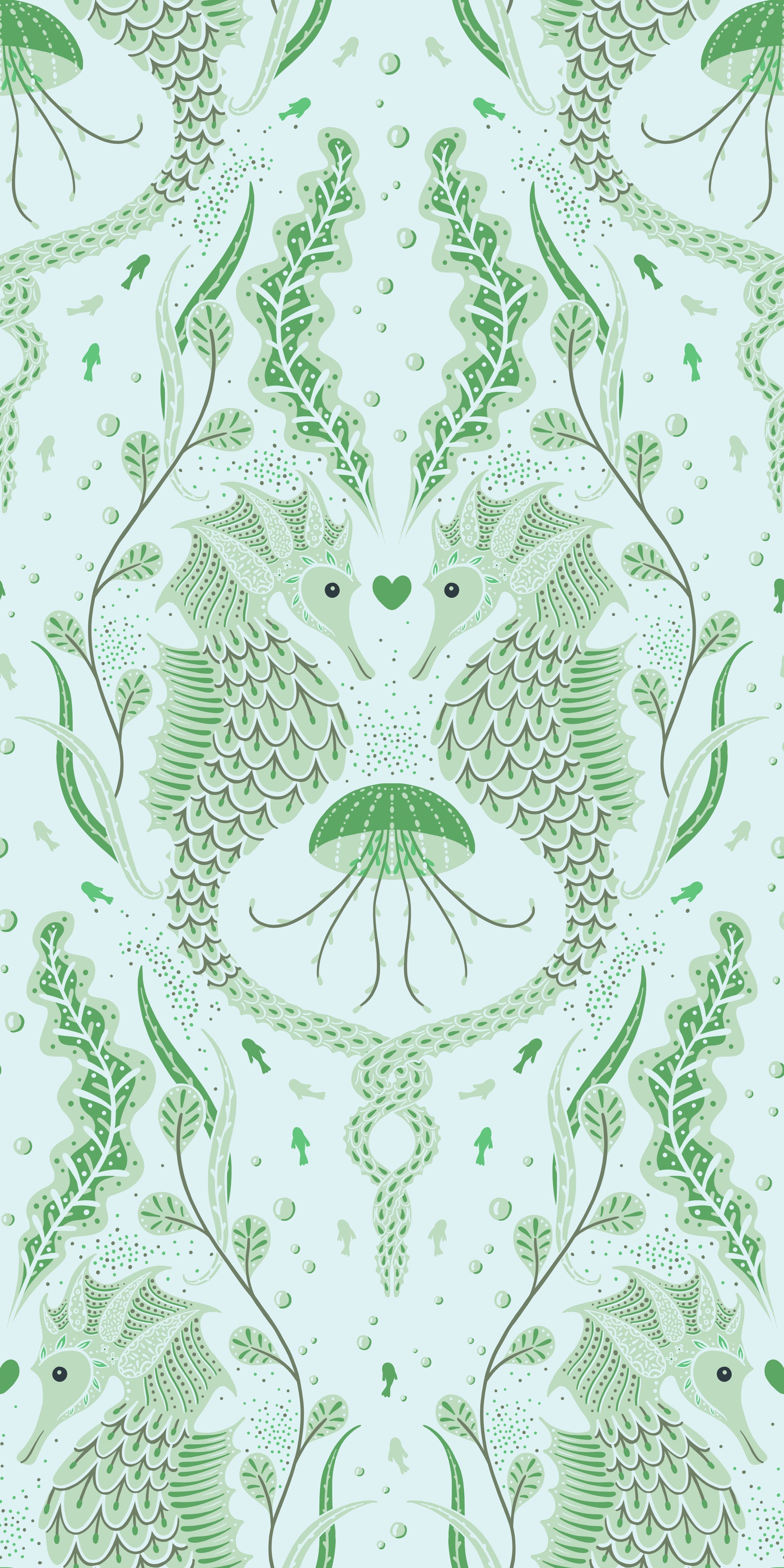 Seahorse and jellyfish pattern with green leaves on a light background