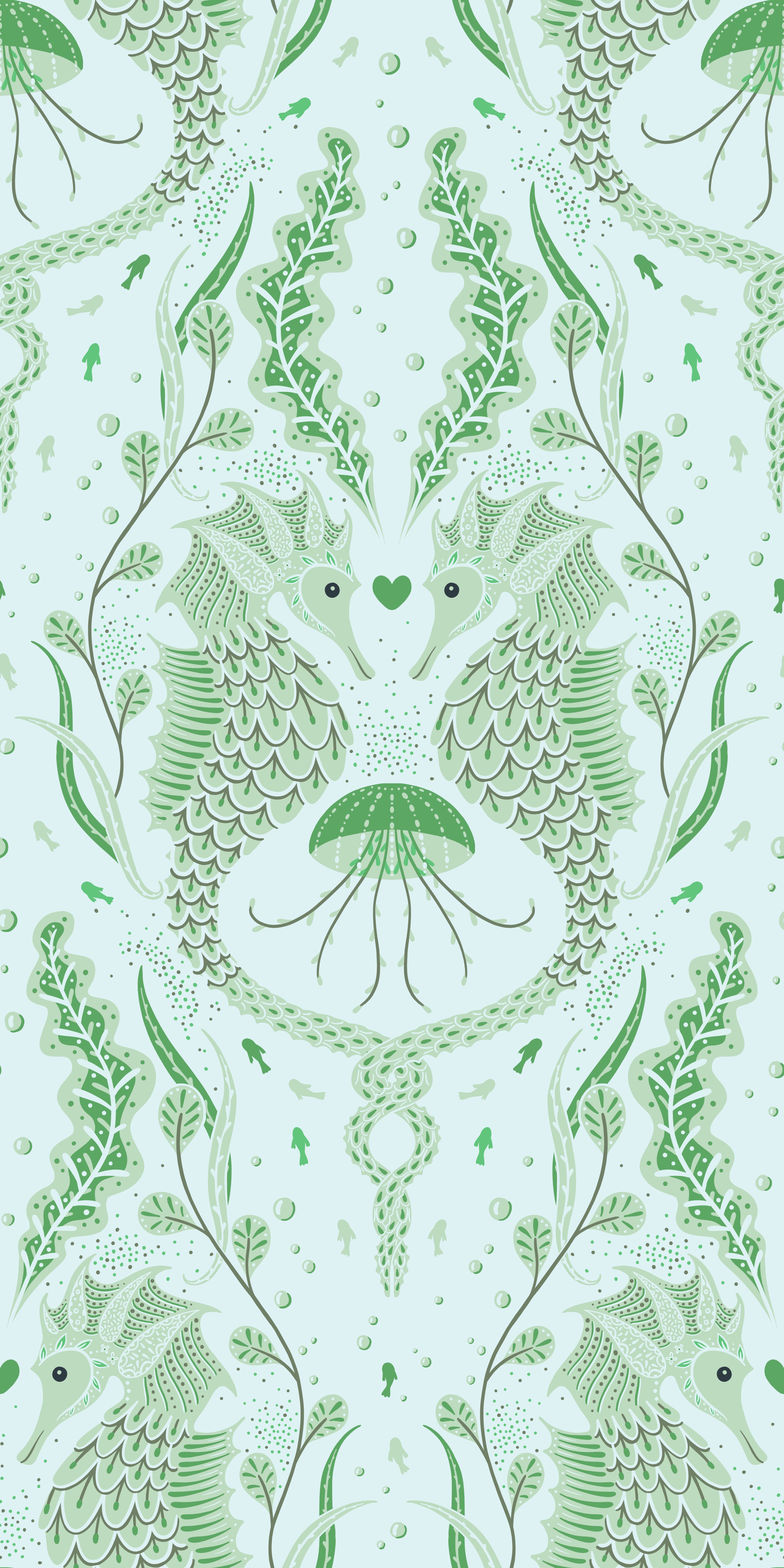 Seahorse and jellyfish pattern with green leaves on a light background