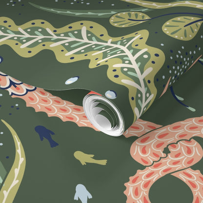 Roll of decorative wallpaper with colorful leaf patterns on a green background