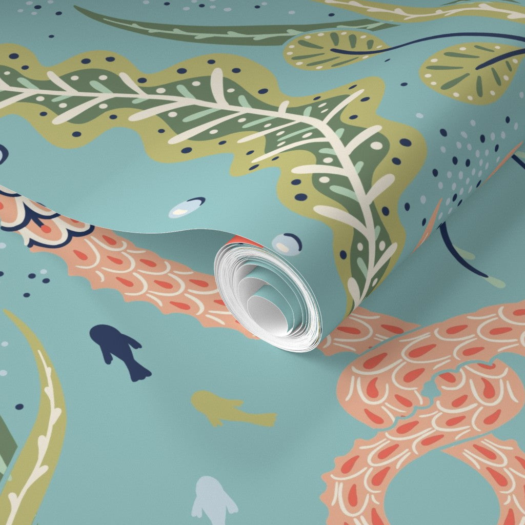 Roll of wallpaper with colorful and abstract patterns on a light blue background