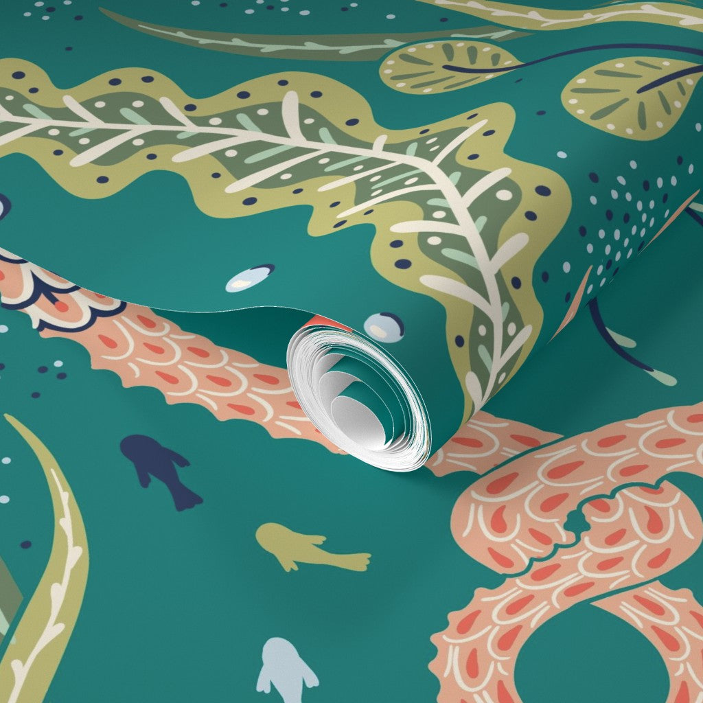 Roll of decorative paper with colorful and abstract patterns on a teal background