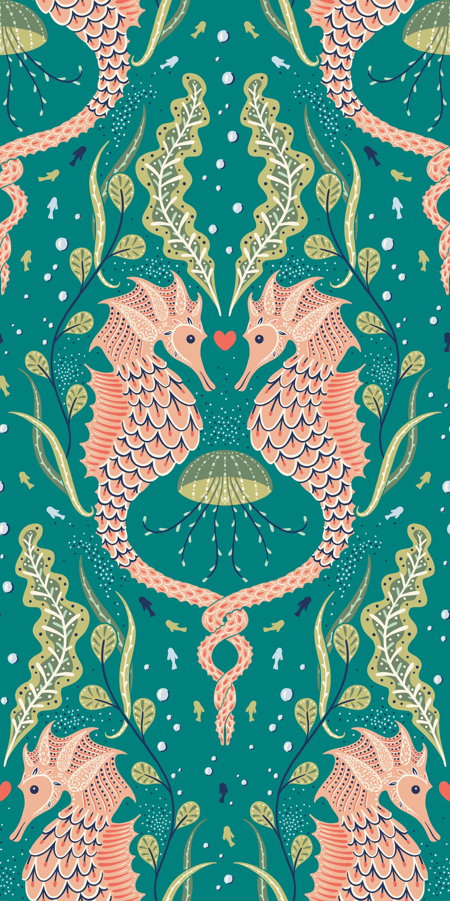 Pattern of pink seahorses and green seaweed on a teal background