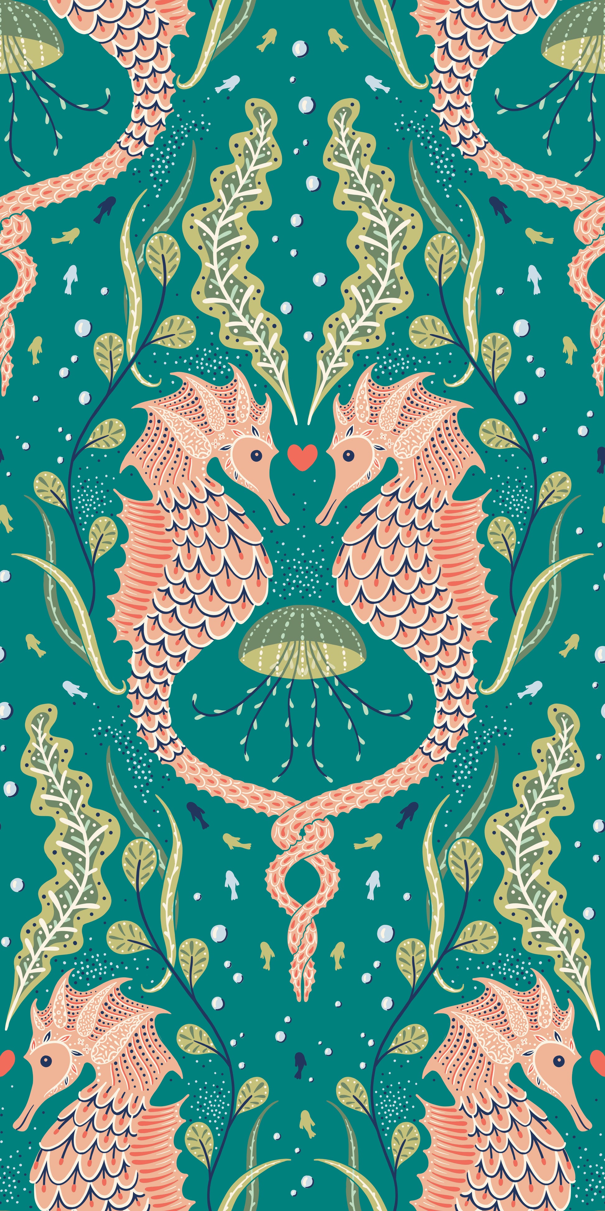 Pattern of pink seahorses and green seaweed on a teal background
