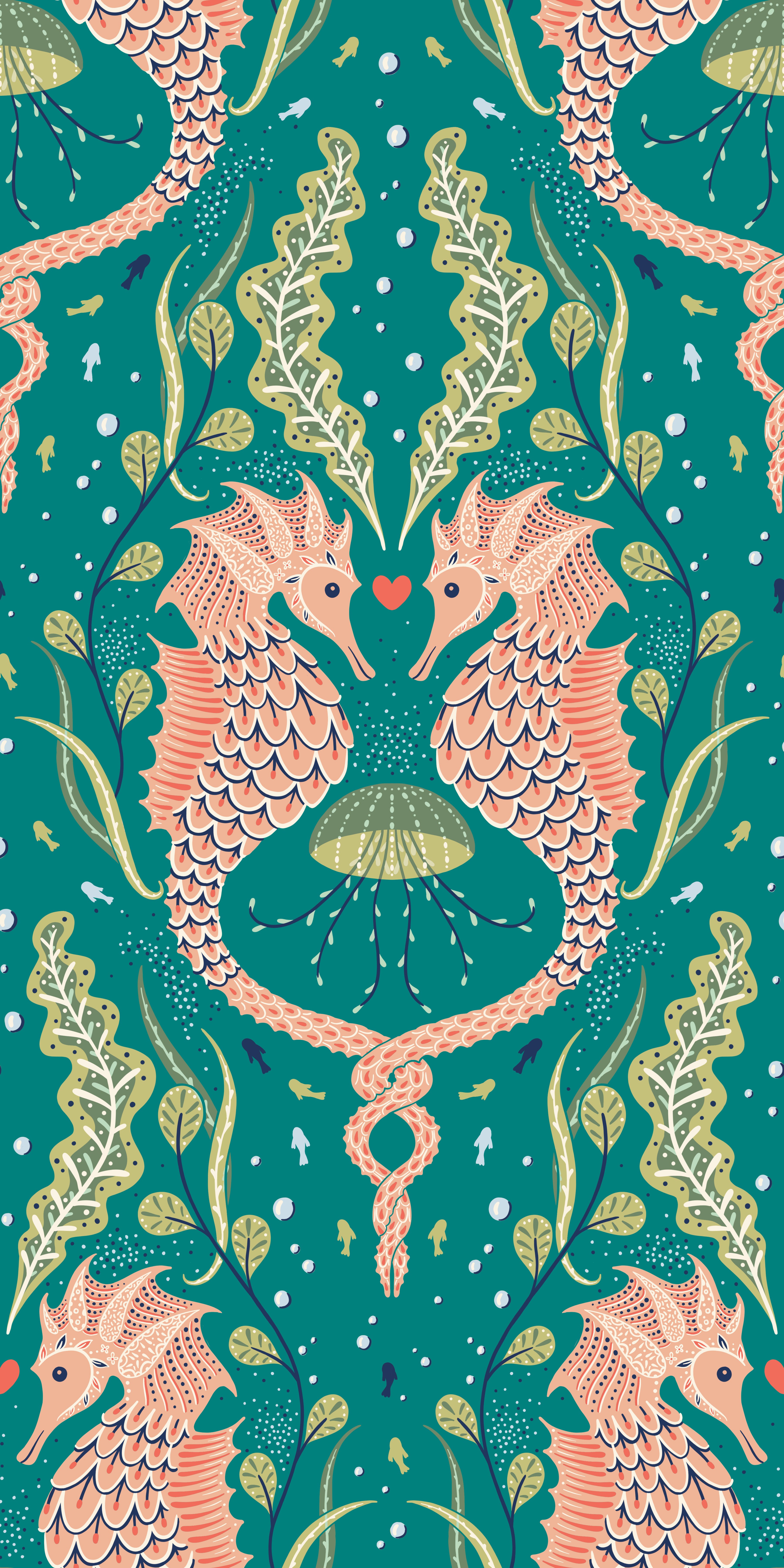 Pattern of pink seahorses and green seaweed on a teal background
