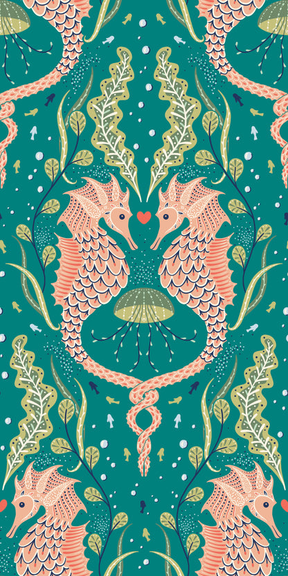 Pattern of pink seahorses and green seaweed on a teal background
