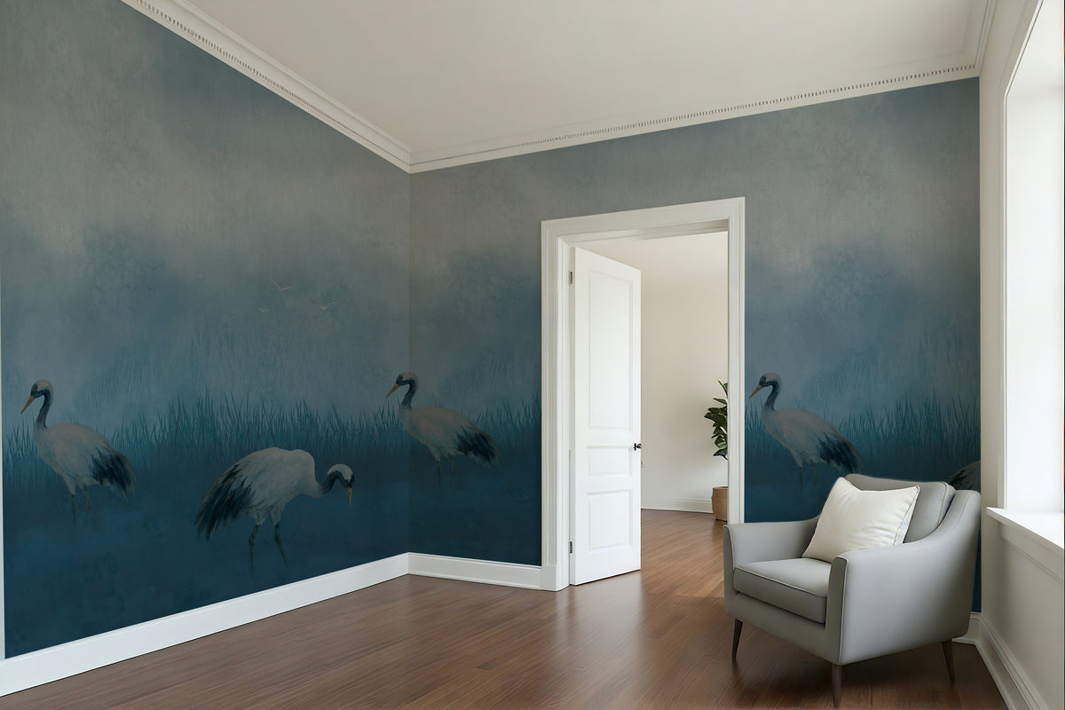 Blue wetland landscape wall mural with cranes