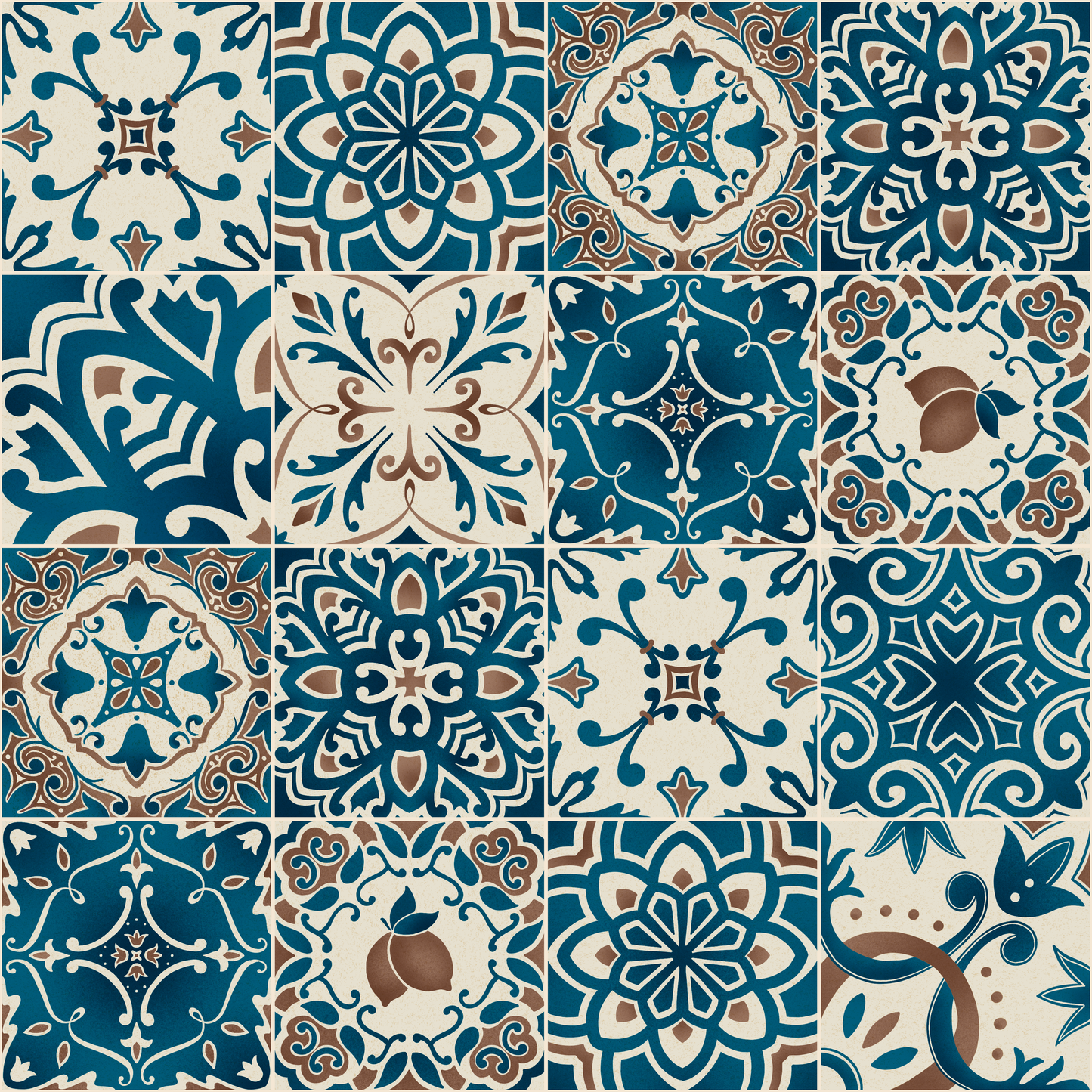 Collage of various blue and brown patterned tiles