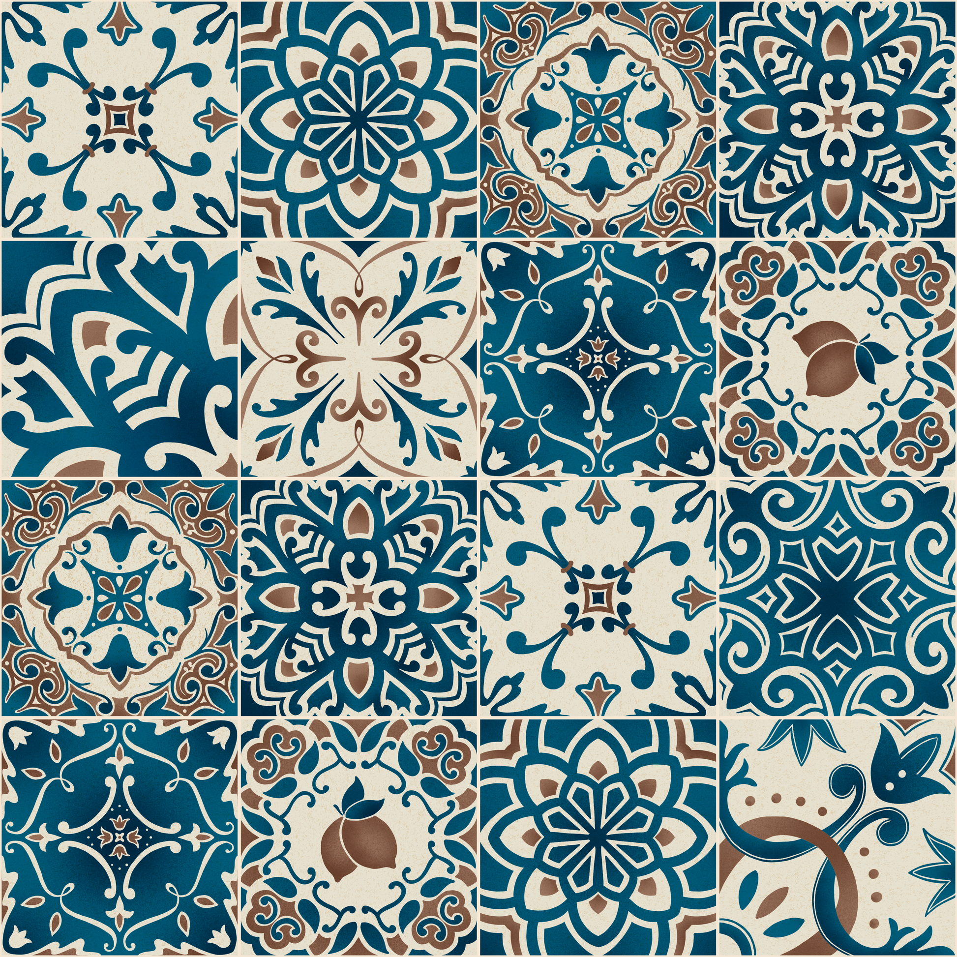 Collage of various blue and brown patterned tiles