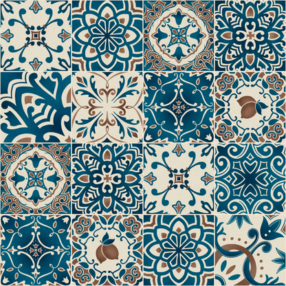 Collage of various blue and brown patterned tiles