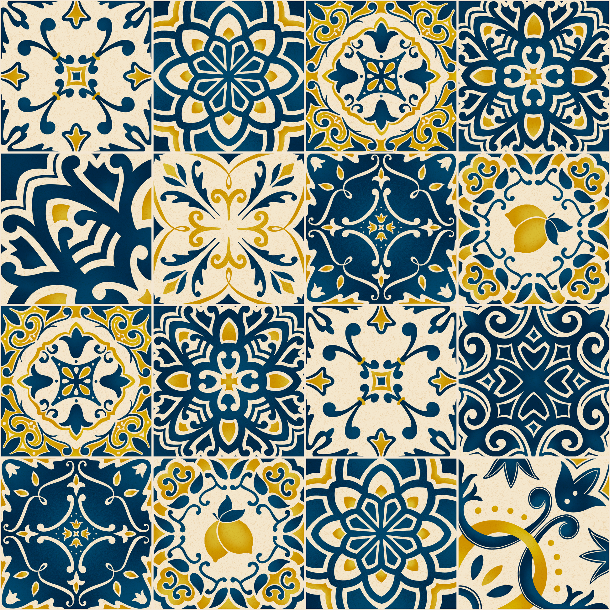 Pattern of blue and yellow tiles with intricate designs.