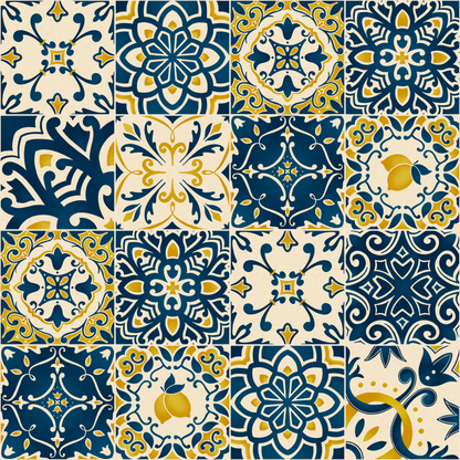 Pattern of blue and yellow tiles with intricate designs.