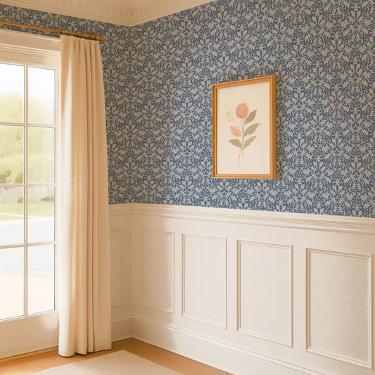 Small Scale Heritage Oak & Acorn Ogee Beige & Ivory peel and stick wallpaper room mockup