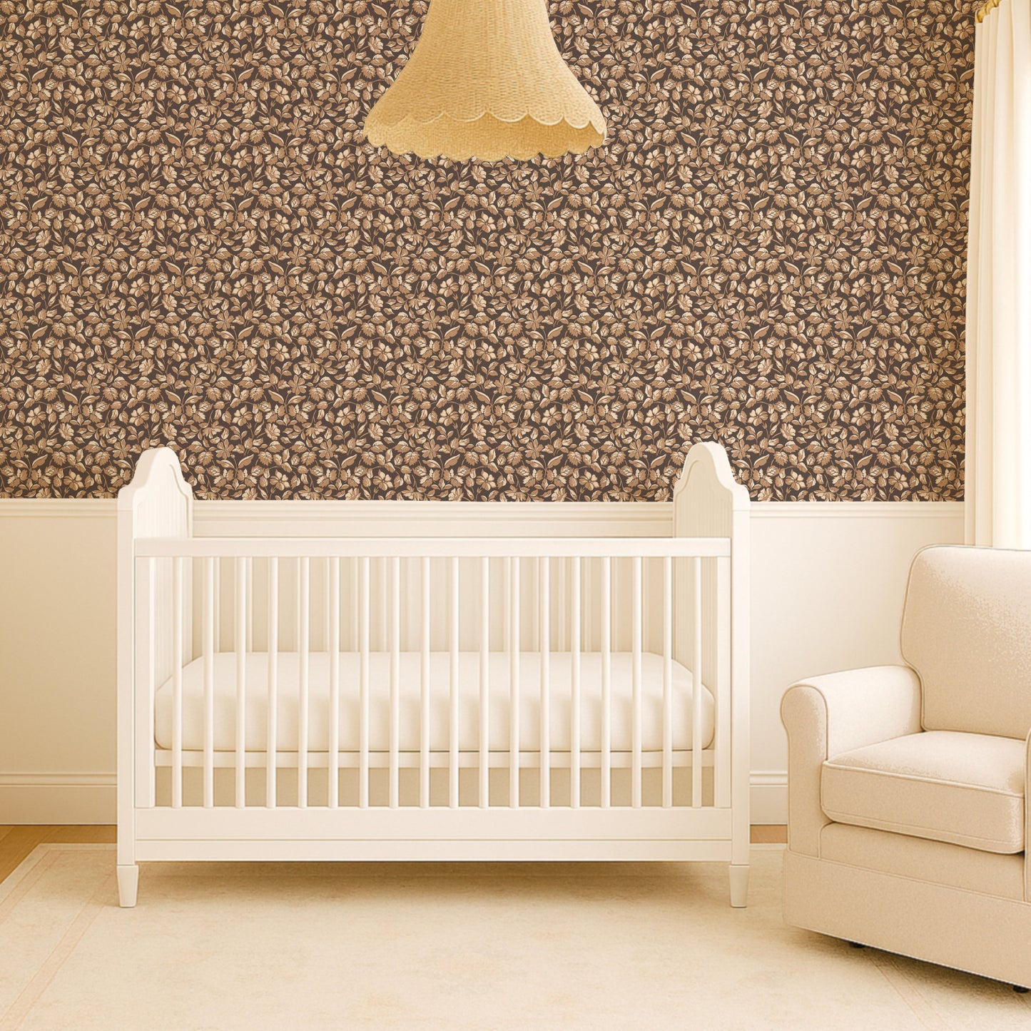 Small Scale Heritage Floral Tapestry Tan peel and stick wallpaper room mockup