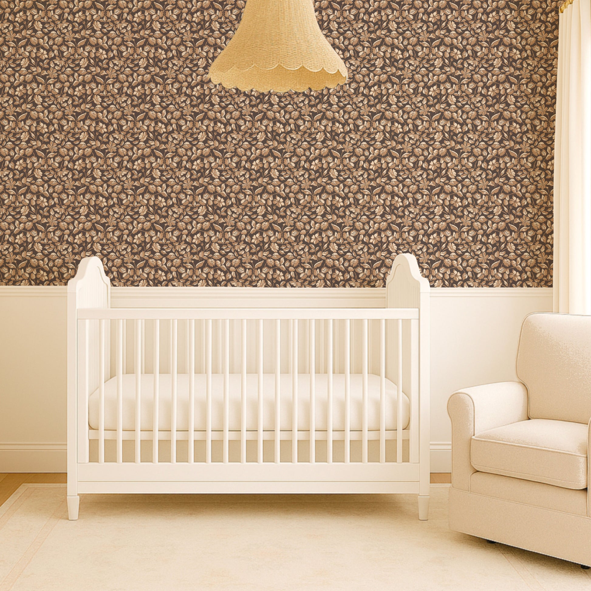Small Scale Heritage Floral Tapestry Tan peel and stick wallpaper room mockup