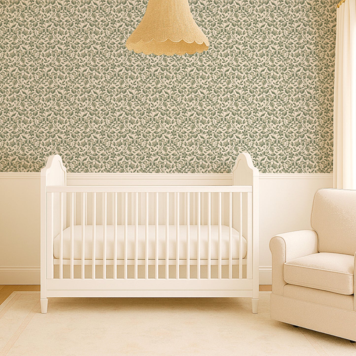 Small Scale Heritage Floral Tapestry White peel and stick wallpaper room mockup