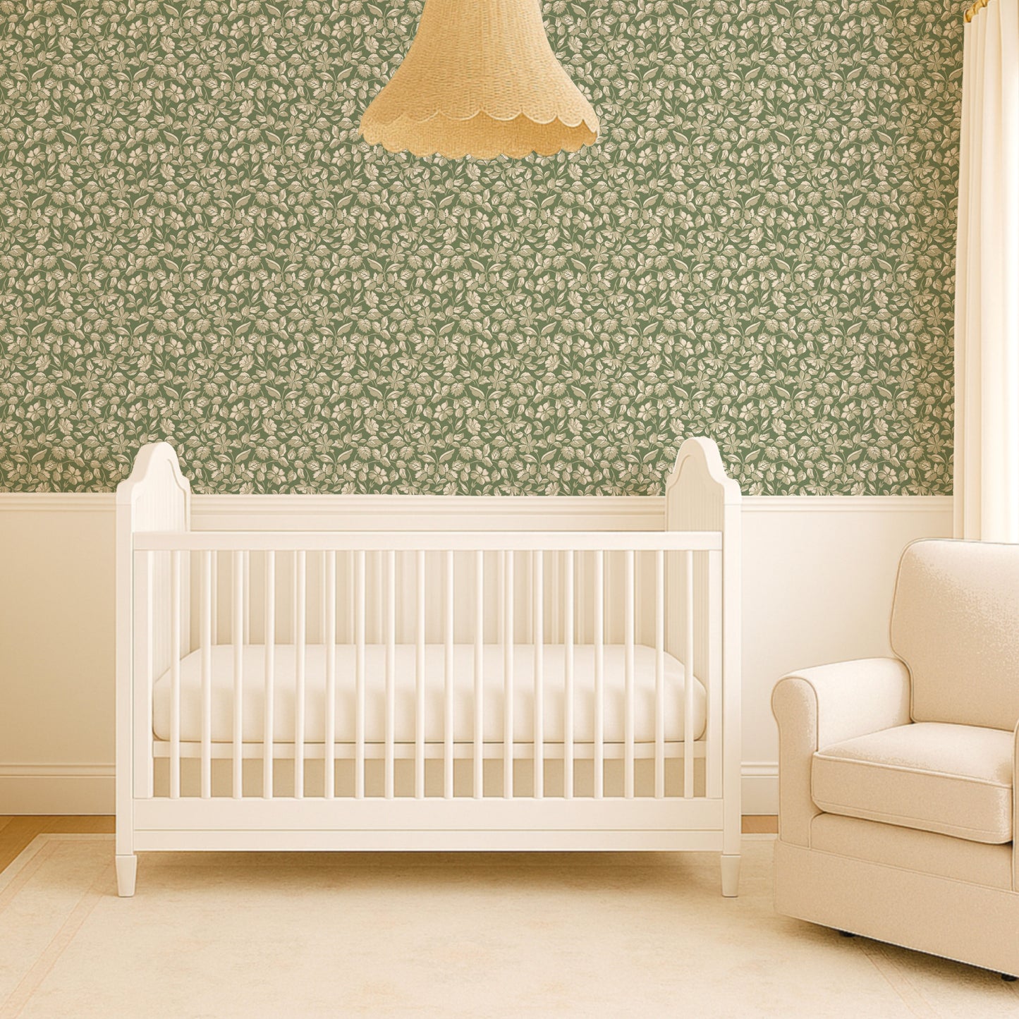 Small Scale Heritage Floral Tapestry Green & White peel and stick wallpaper room mockup