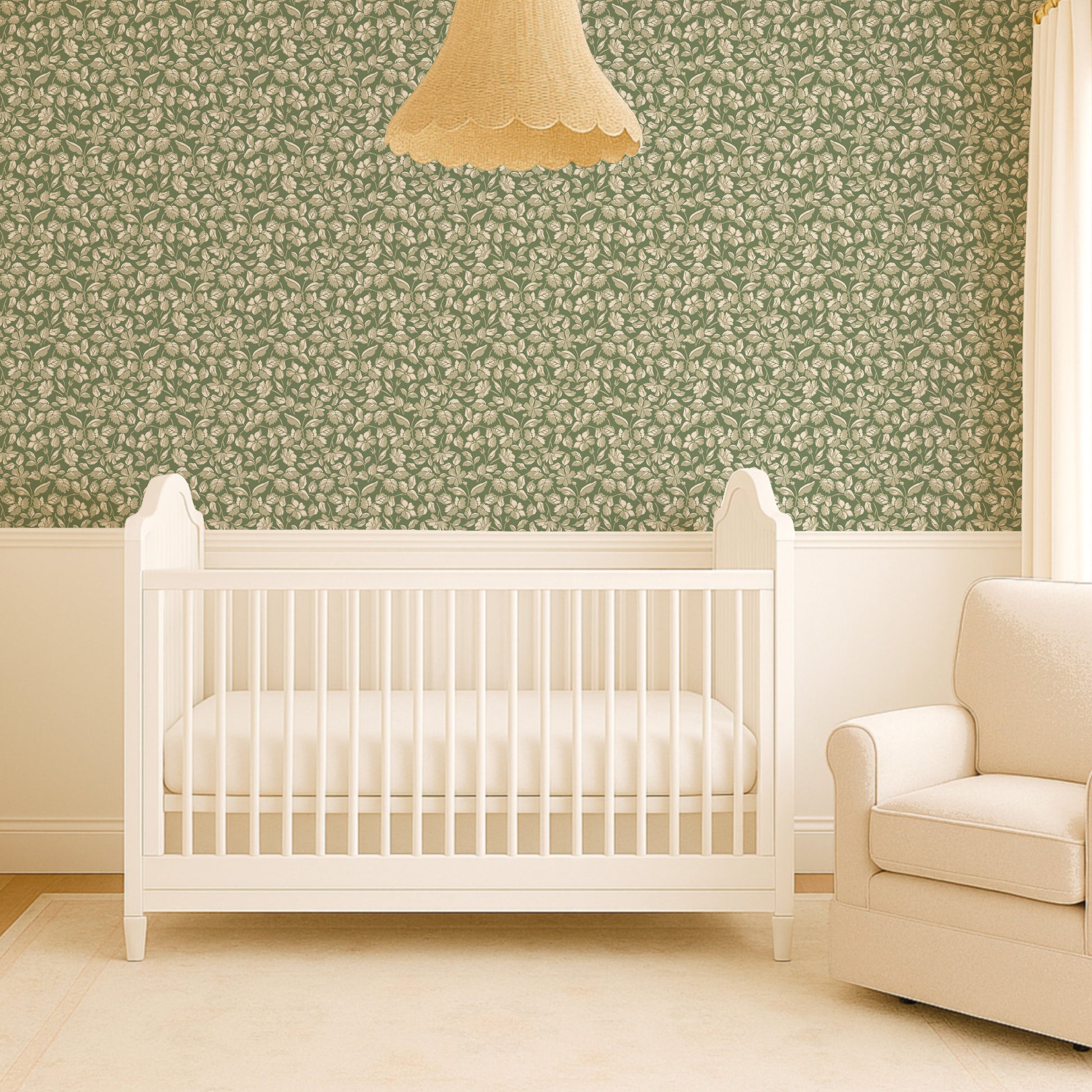 Small Scale Heritage Floral Tapestry Green & White peel and stick wallpaper room mockup
