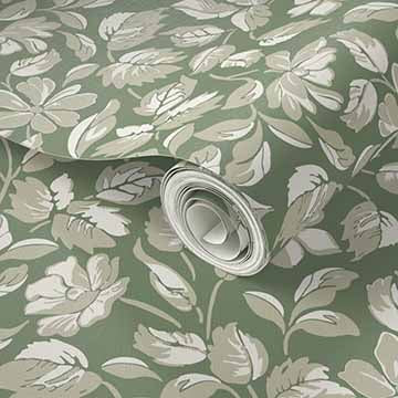 Small Scale Heritage Floral Tapestry Green & White peel and stick wallpaper pattern swatch