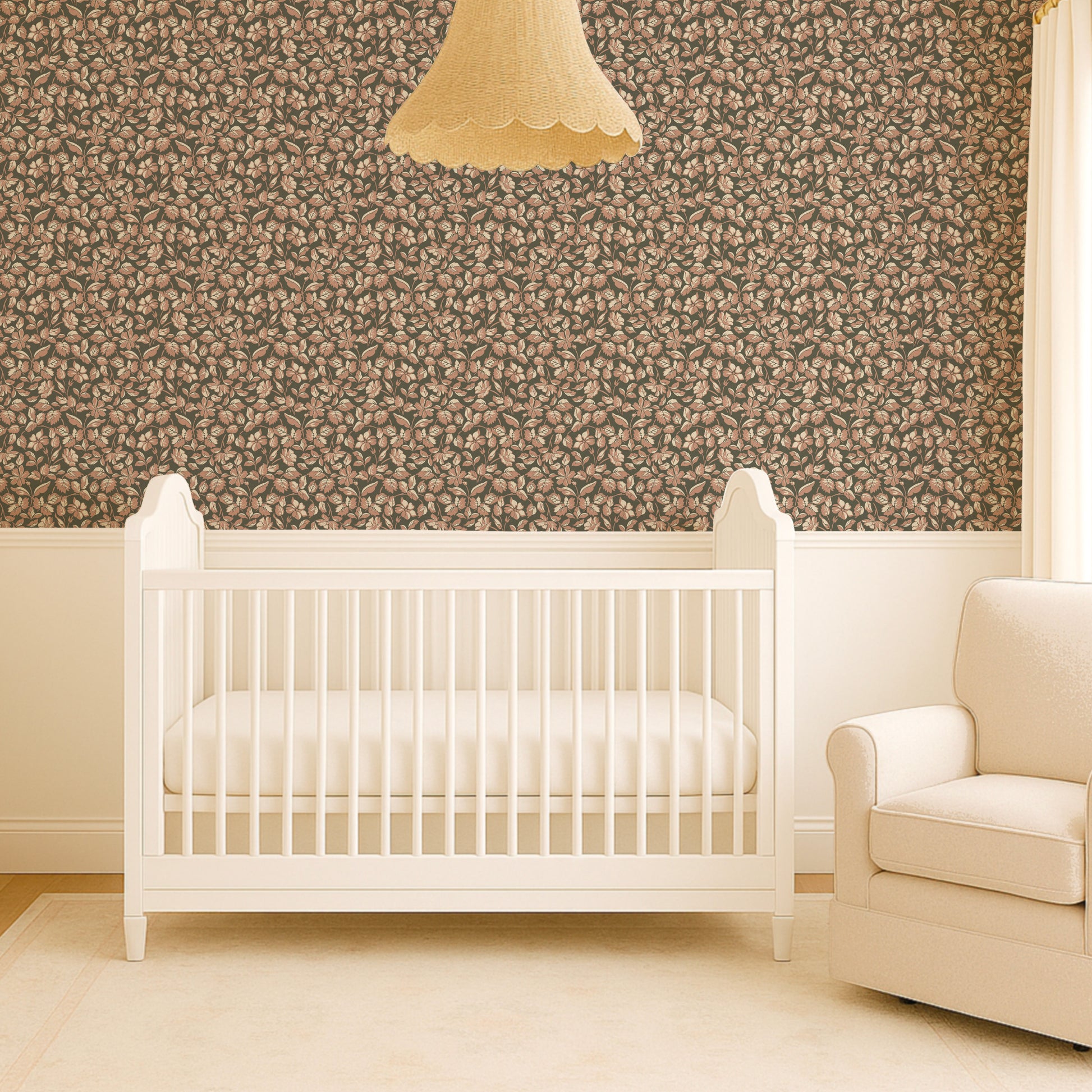 Small Scale Heritage Floral Tapestry Tan peel and stick wallpaper room mockup