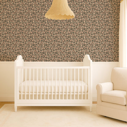 Small Scale Heritage Floral Tapestry Tan peel and stick wallpaper room mockup