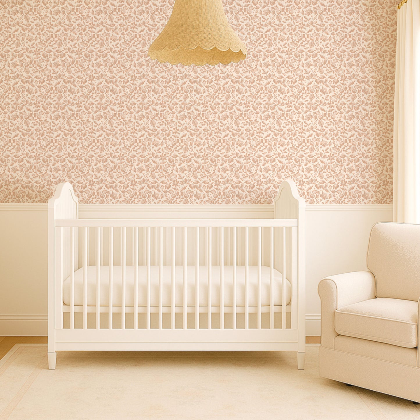 Small Scale Heritage Floral Tapestry White peel and stick wallpaper room mockup