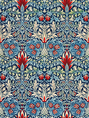 Decorative fabric pattern with red, blue, and beige flowers and leaves on a blue background