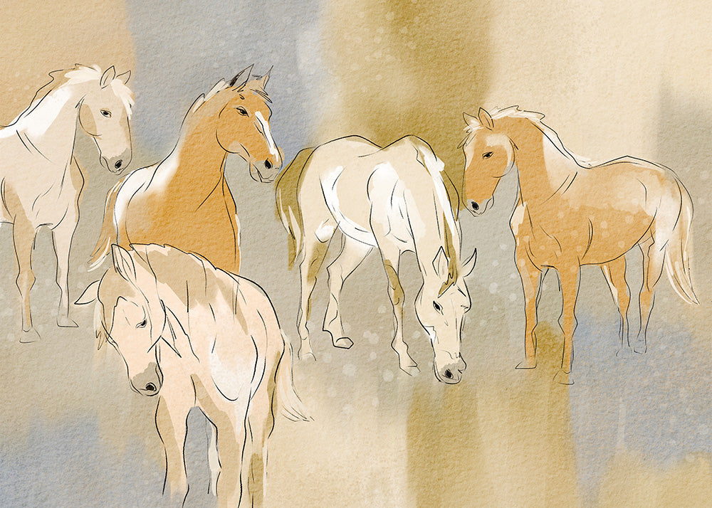 Soft Sketch Horses in Warm Tone Peel and Stick Wall Mural - Animals, Western, Mural
