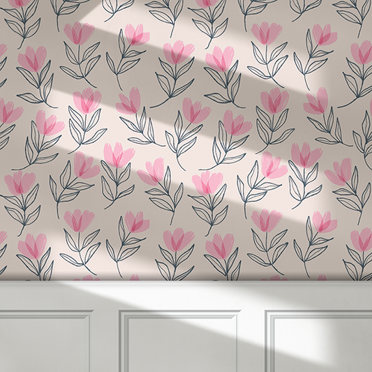 Soft Pink Tulips Peel and Stick Wallpaper - Floral, Flowers, Watercolor