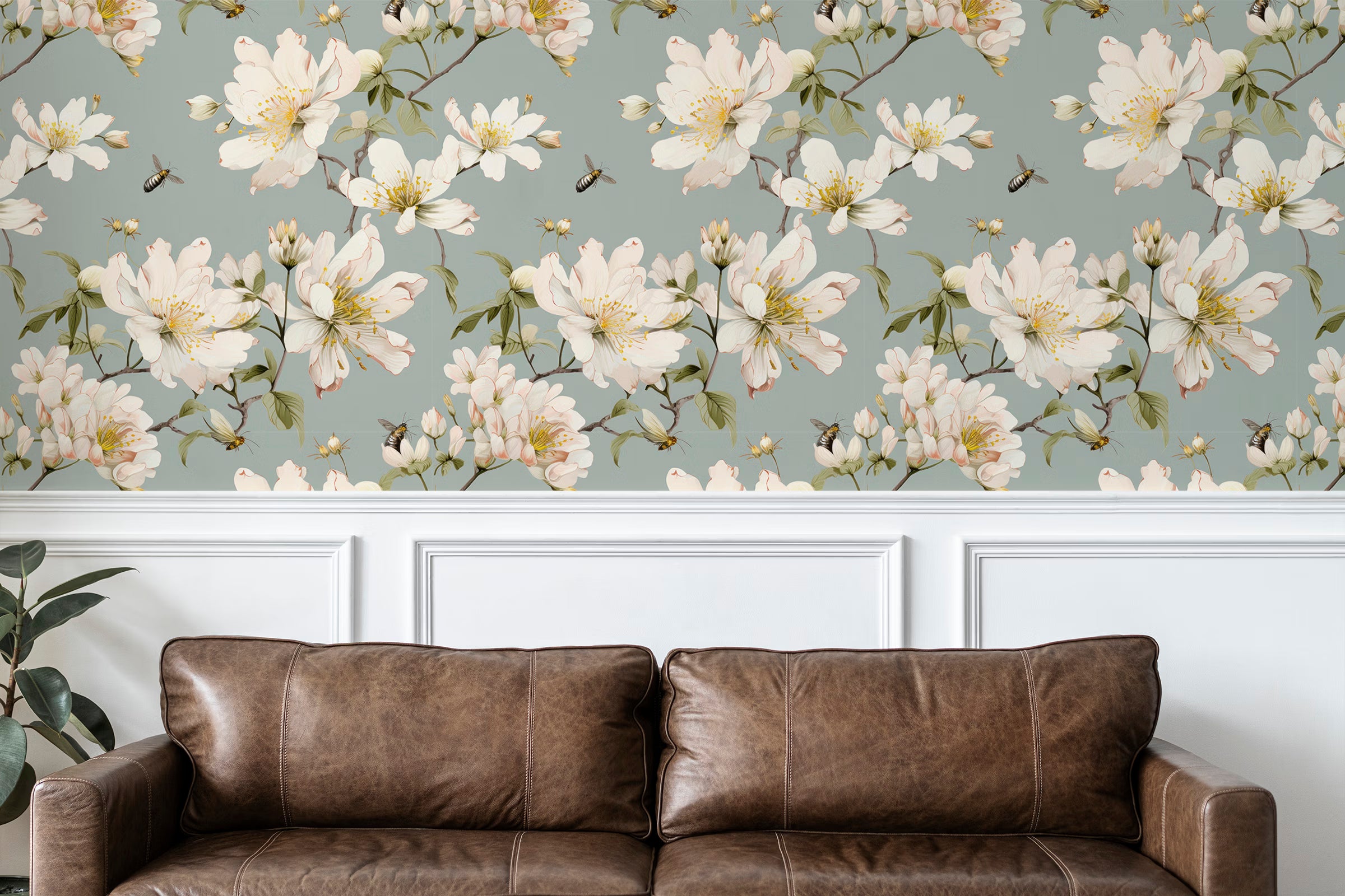 Spring Blossom Teal peel and stick wallpaper room mockup