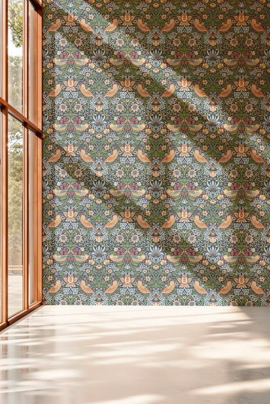 Strawberry Thief By William Morris peel and stick wallpaper room mockup