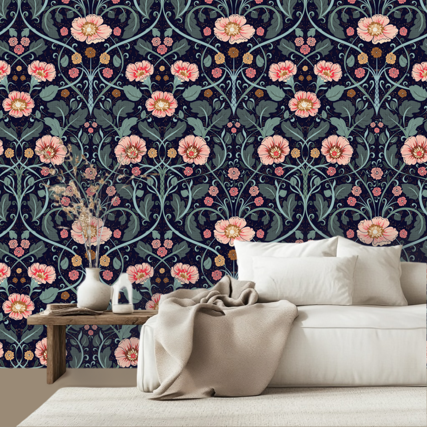Summer Nostalgia Art Nouveau Dark Blue peel and stick wallpaper room mockup