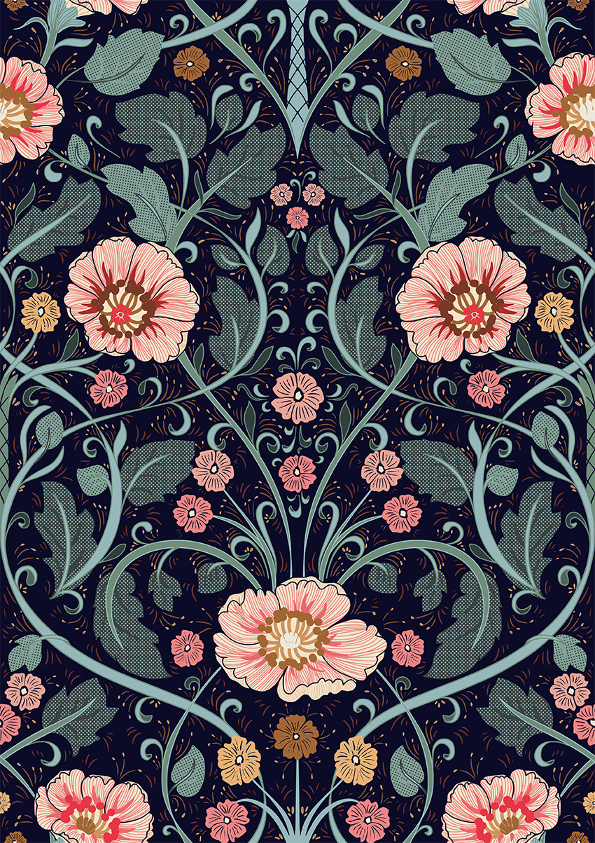 Summer Nostalgia Art Nouveau Dark peel and stick wallpaper room mockup