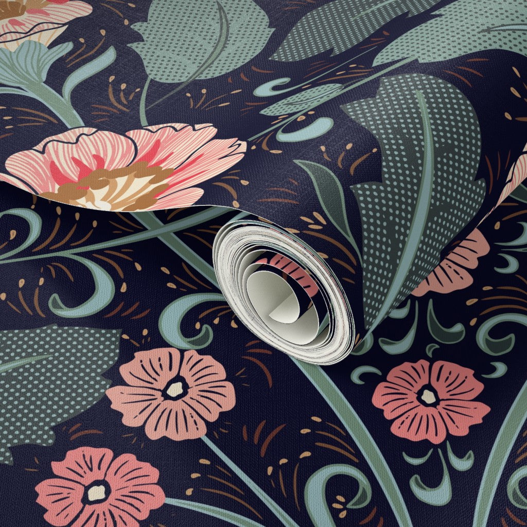 Summer Nostalgia Art Nouveau Dark Blue peel and stick wallpaper pattern swatch