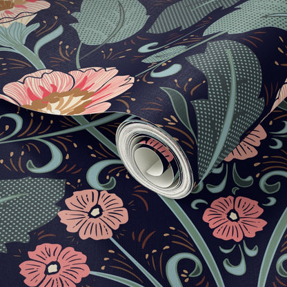 Summer Nostalgia Art Nouveau Dark Blue peel and stick wallpaper pattern swatch