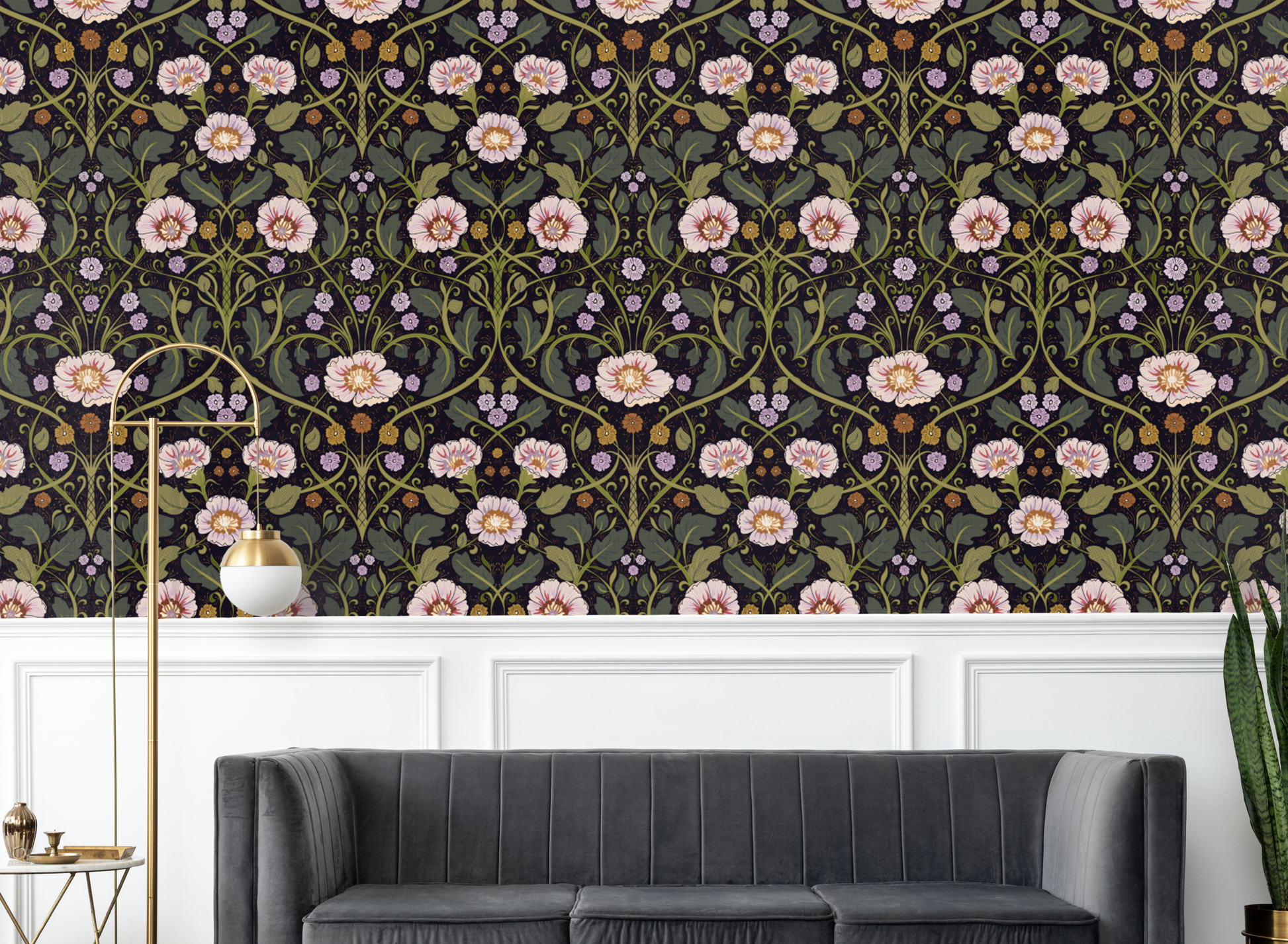 Summer Nostalgia Art Nouveau Dark peel and stick wallpaper room mockup