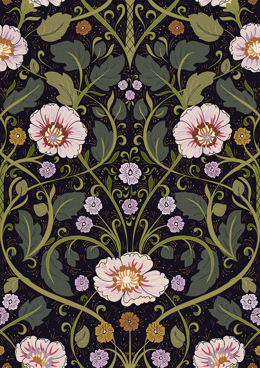 Summer Nostalgia Art Nouveau Dark peel and stick wallpaper room mockup