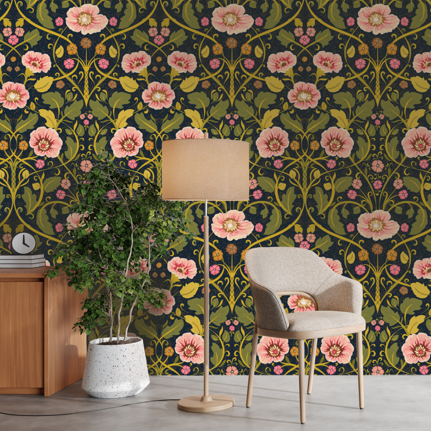 Summer Nostalgia Art Nouveau Moss Green peel and stick wallpaper room mockup