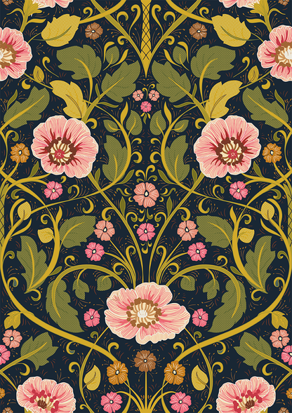 Summer Nostalgia Art Nouveau Moss Green peel and stick wallpaper room mockup