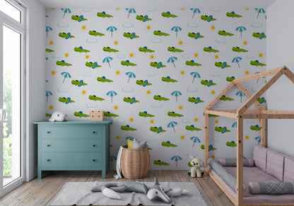 Sunbathing Crocodiles peel and stick wallpaper room mockup