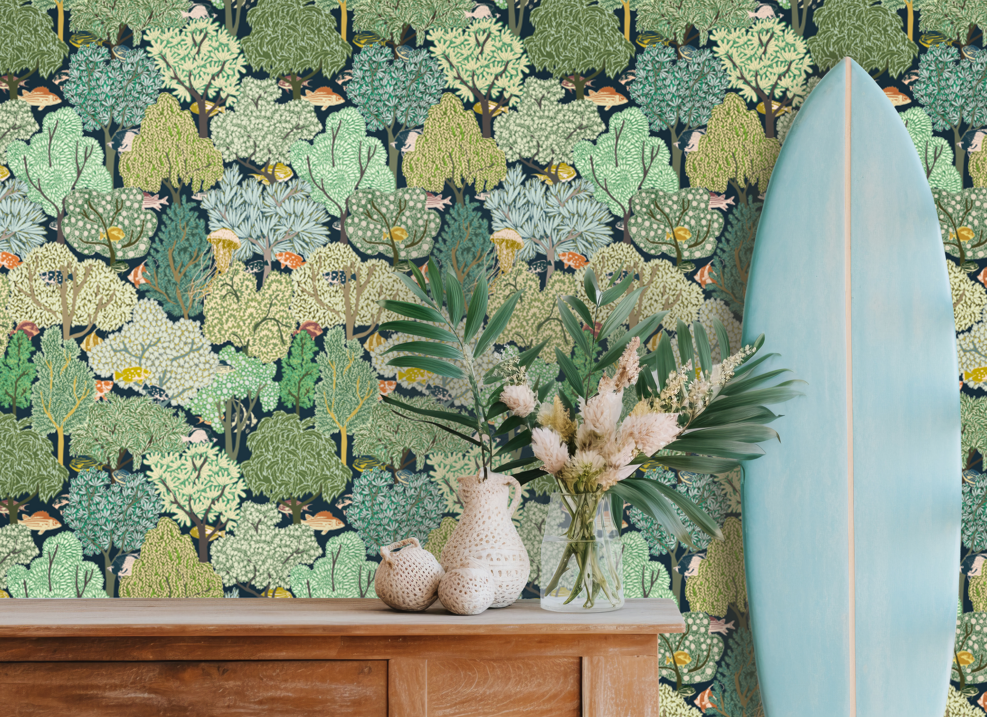 Swim in the Woods Dark peel and stick wallpaper room mockup