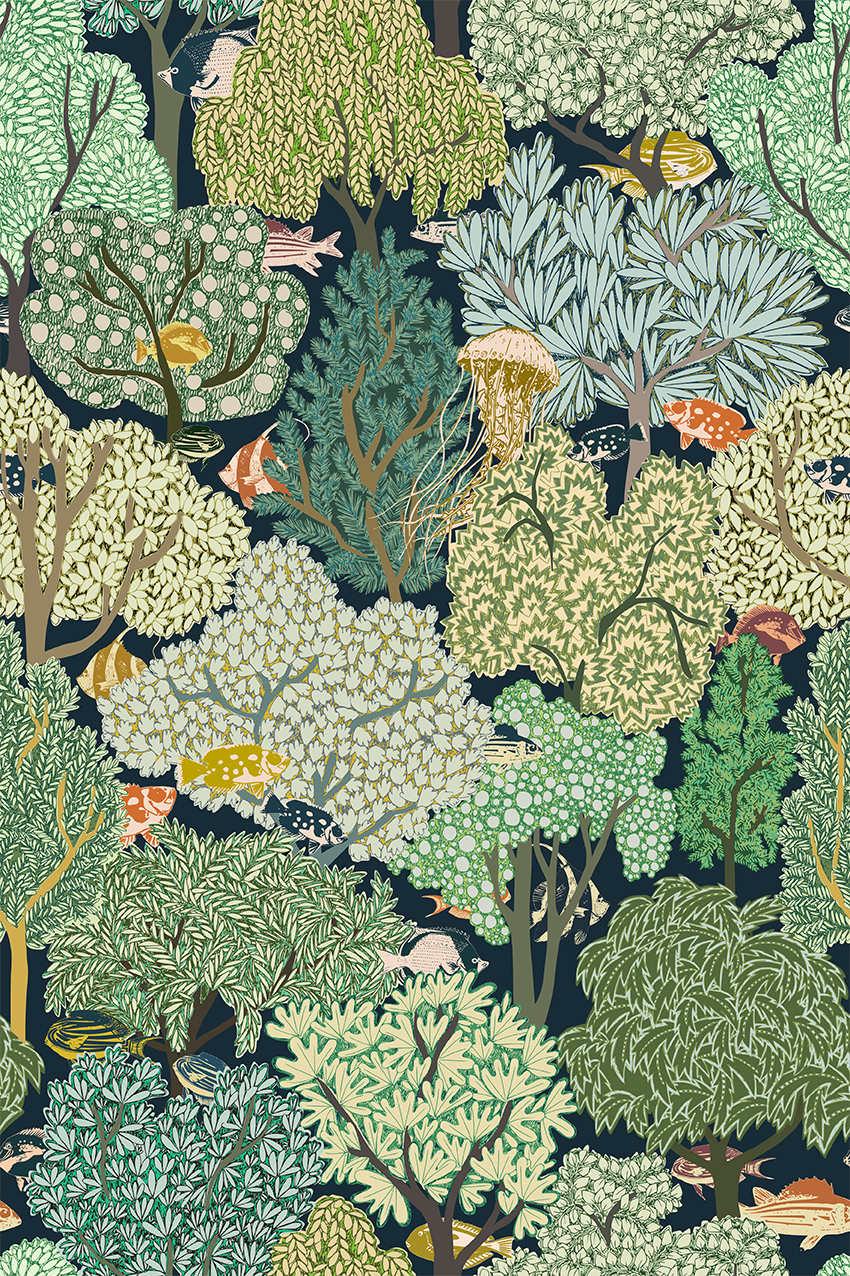 Swim in the Woods Dark peel and stick wallpaper room mockup