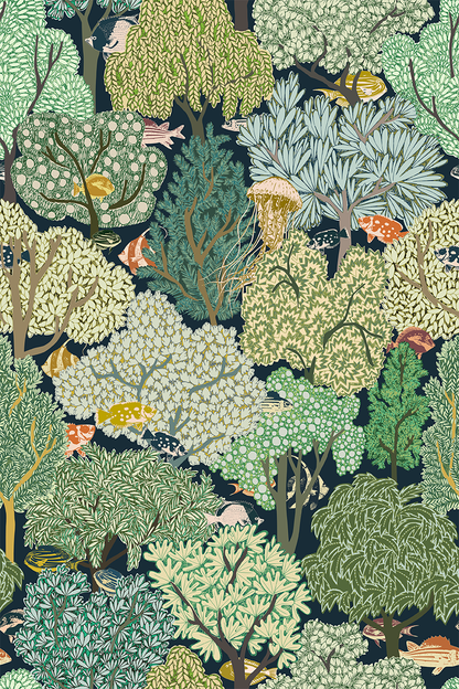 Swim in the Woods Dark peel and stick wallpaper room mockup