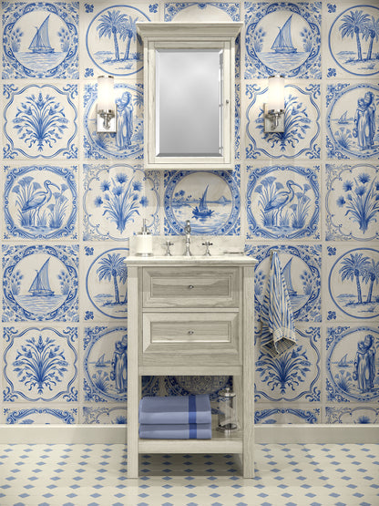 Tales of the Nile Delf Tile Peel and Stick Wallpaper Sample